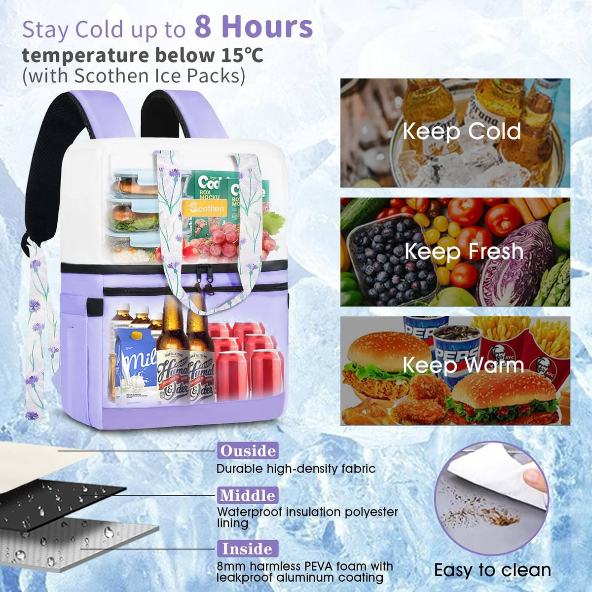 Light purple insulated backpack cooler showing insulated layers and easy-clean lining