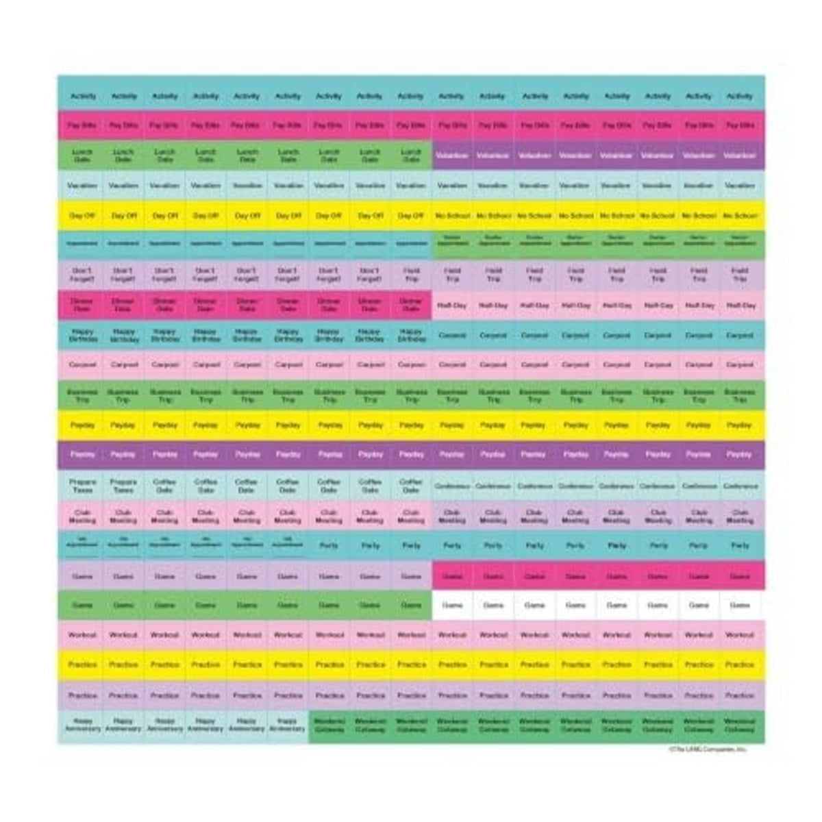 Monthly planning calendar template with multicolor activity labels and day rows