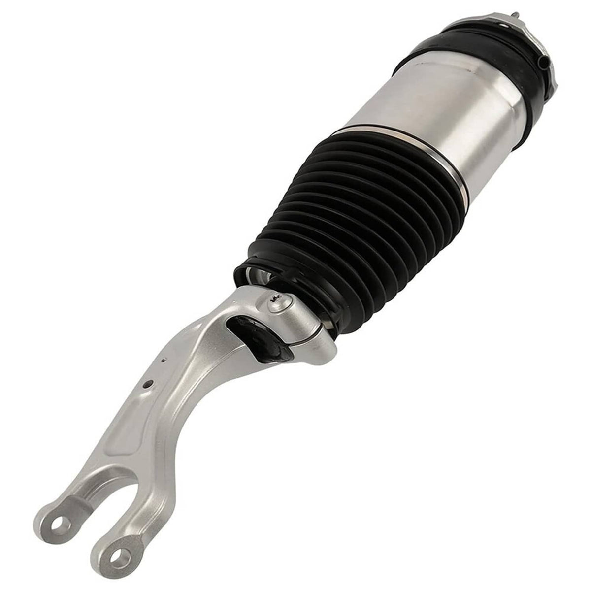 Front air suspension shock strut angled view with black bellow and silver fork mount.