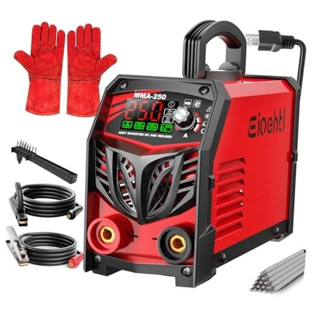 Red stick welder with LED control panel and included welding accessory set