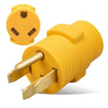 Yellow RV power adapter plug with 4-prong male inlet and 3-prong outlet