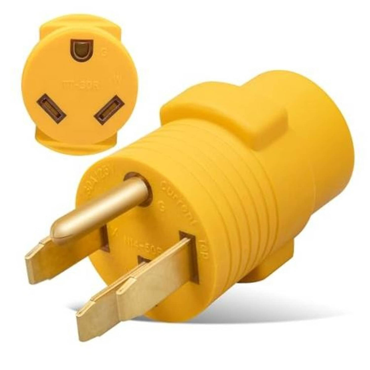 Yellow RV power adapter plug with 4-prong male inlet and 3-prong outlet