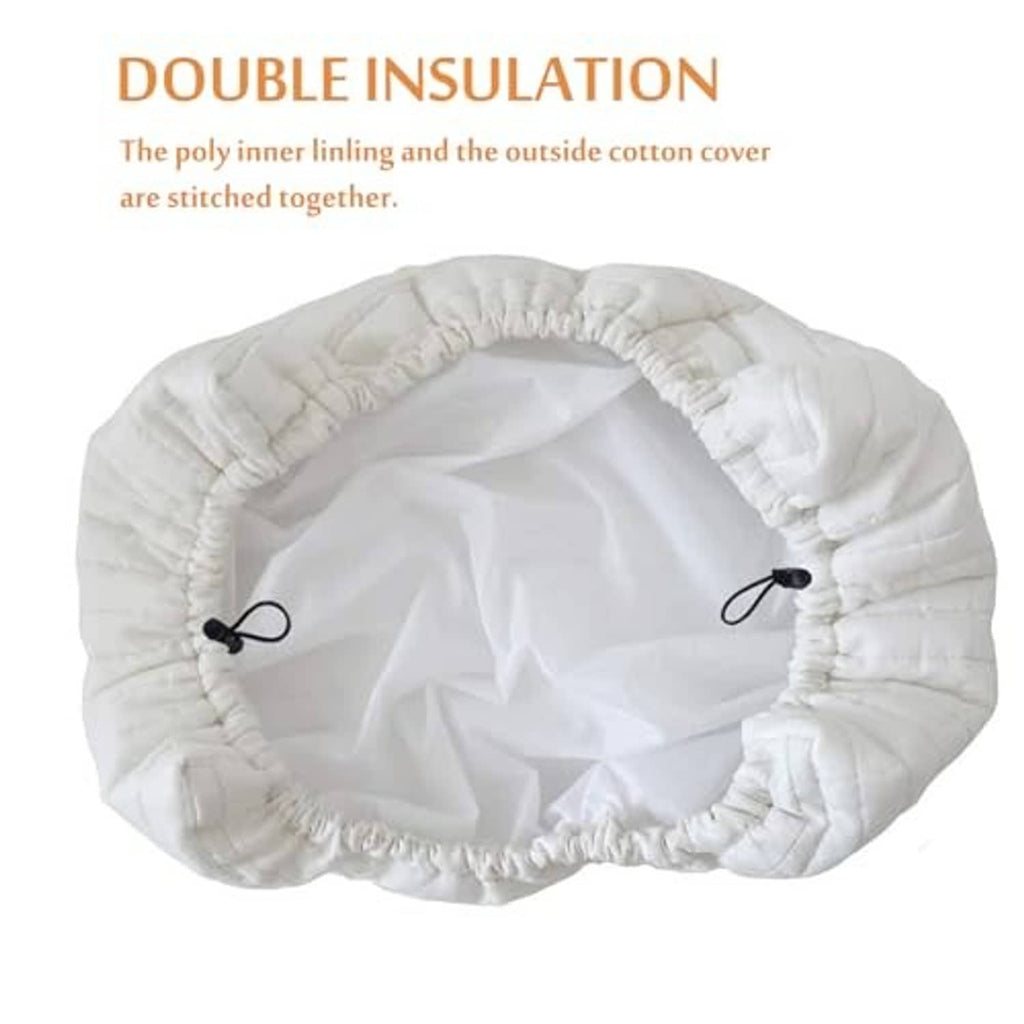 Beige double-insulated indoor AC cover, circular quilted fabric with drawstring ties