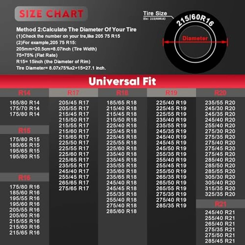 Universal fit black spare tire tote cover with size chart for different tire sizes