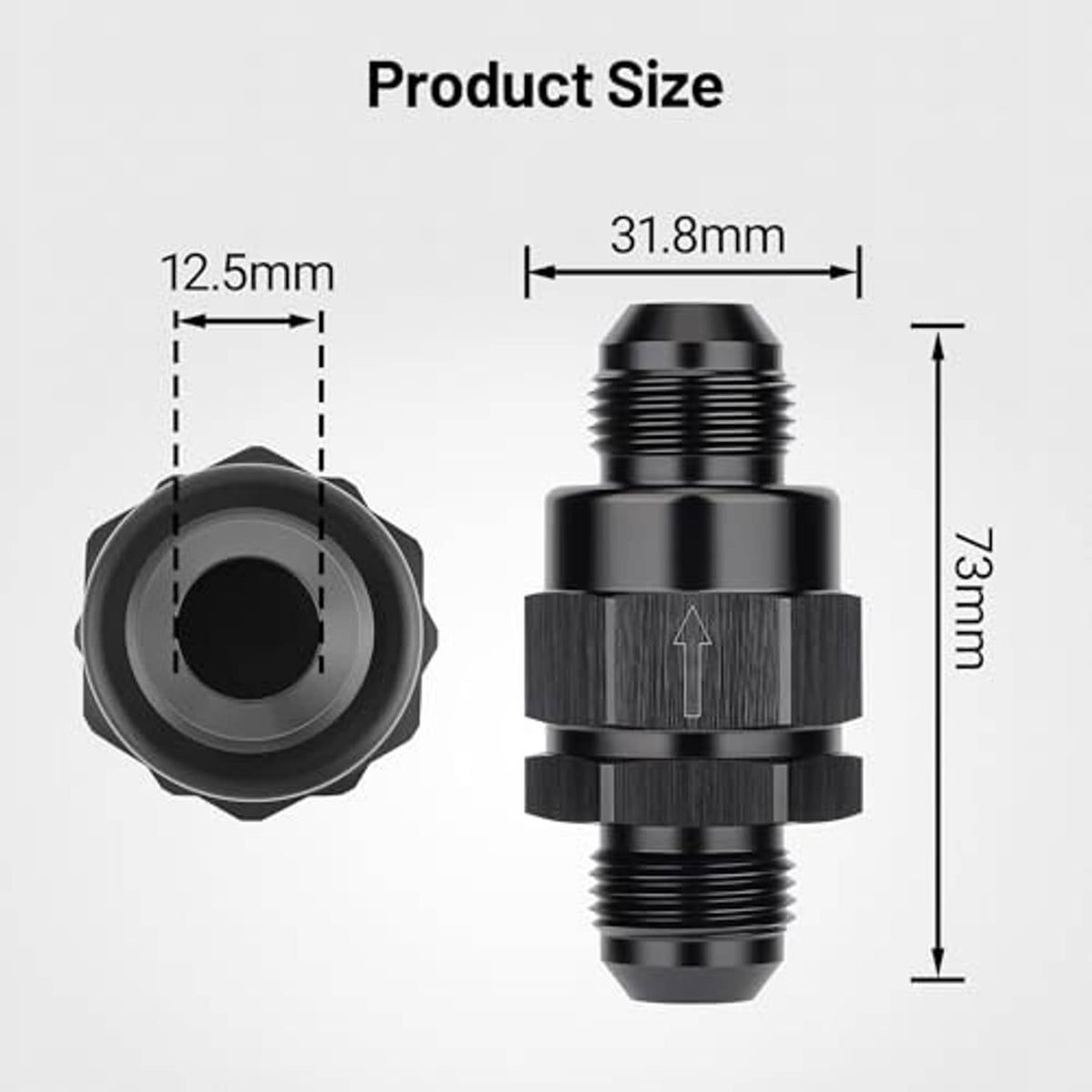 One-way check valve fitting dimensions diagram with height and width measurements