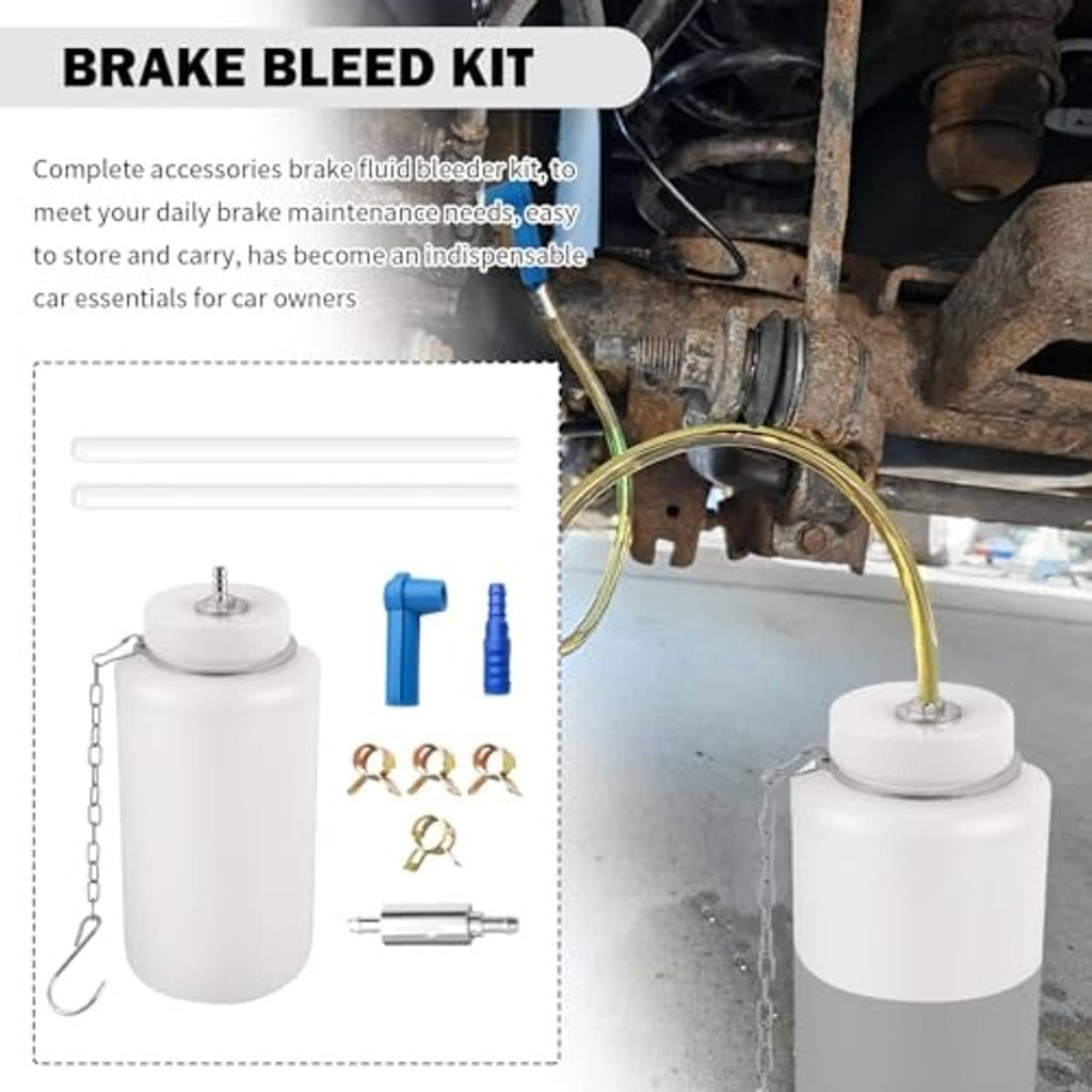 Brake bleeder bottle with chain, blue valve connector, and hose for brake bleeding