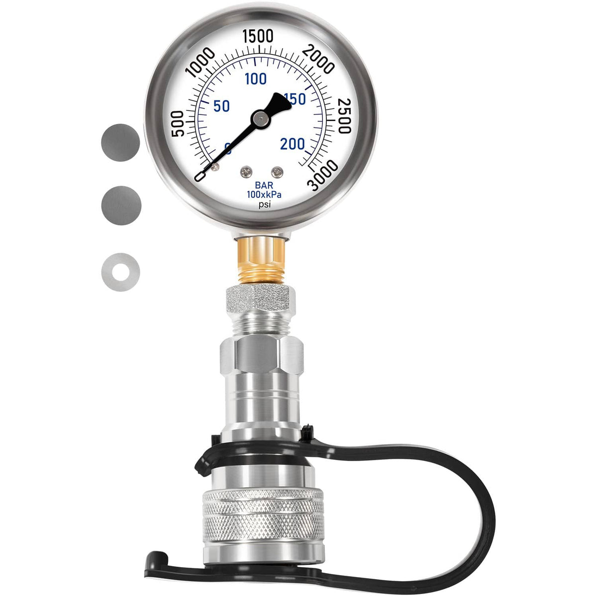 Hydraulic pressure gauge kit with pressure dial, threaded connector, and black mounting hose