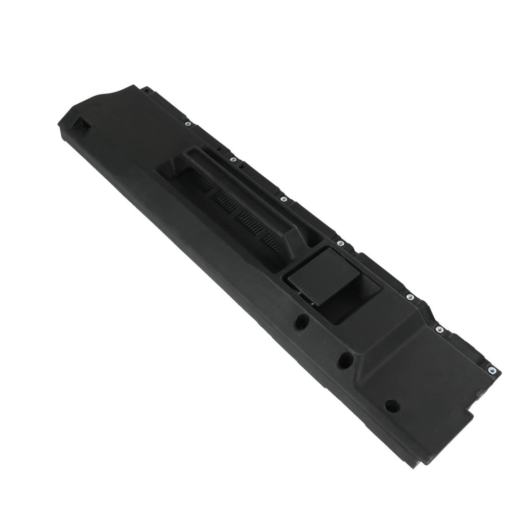 Black interior door handle trim panel with molded grip and recessed latch opening