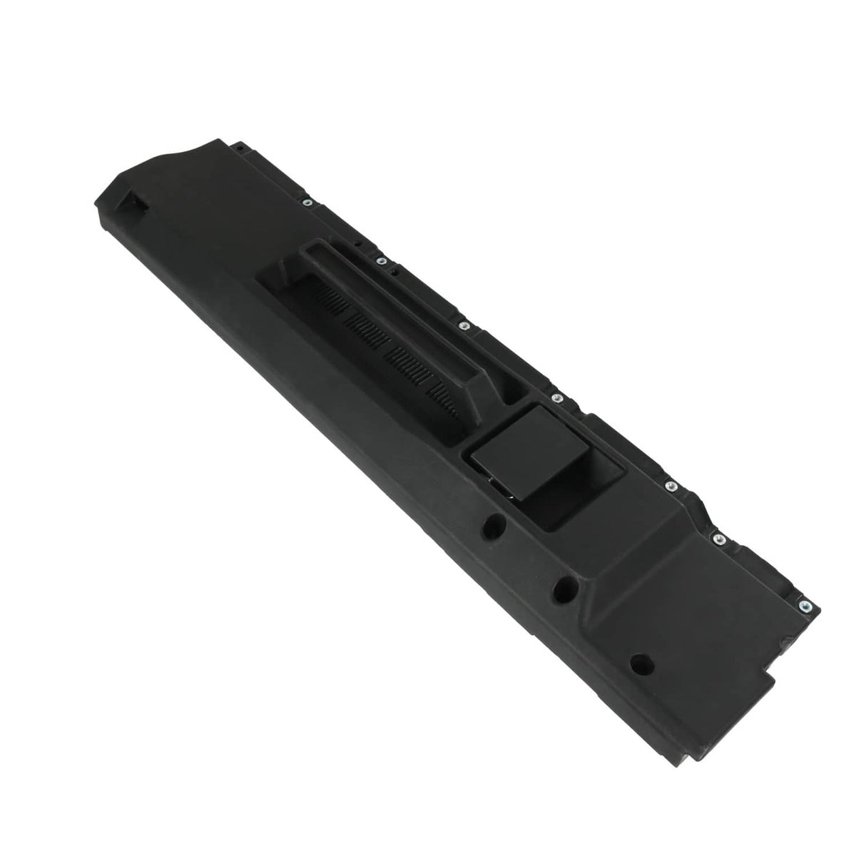 Black interior door handle trim panel with molded grip and recessed latch opening