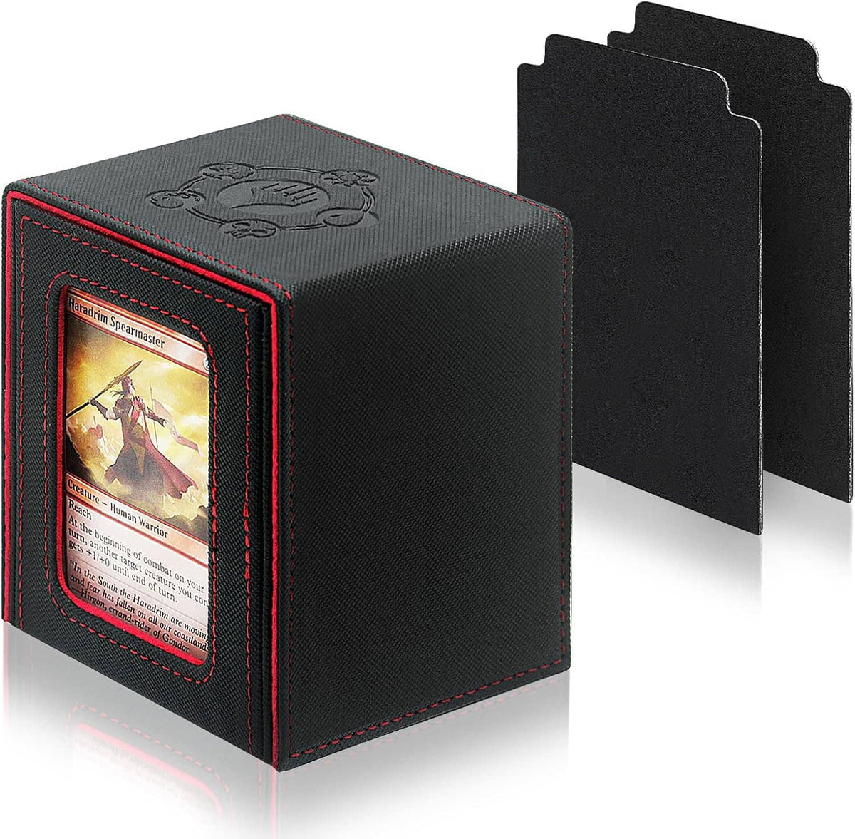 Magnetic card deck box with clear card window, textured black exterior and red stitching