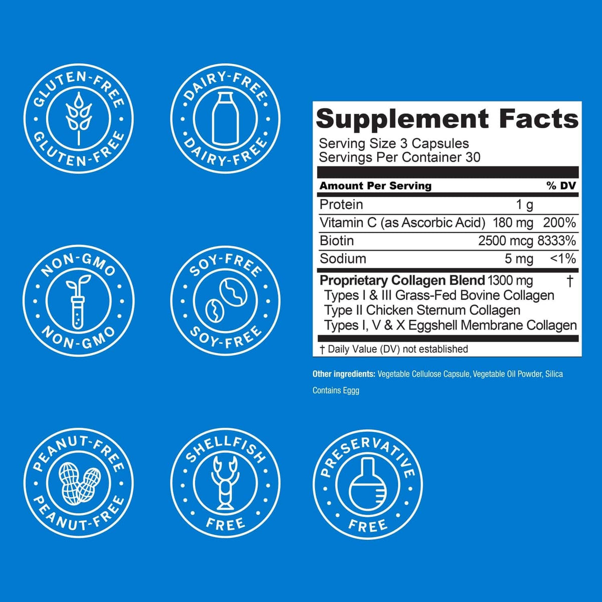 Supplement Facts panel with gluten-free, dairy-free, non-GMO, soy-free icons