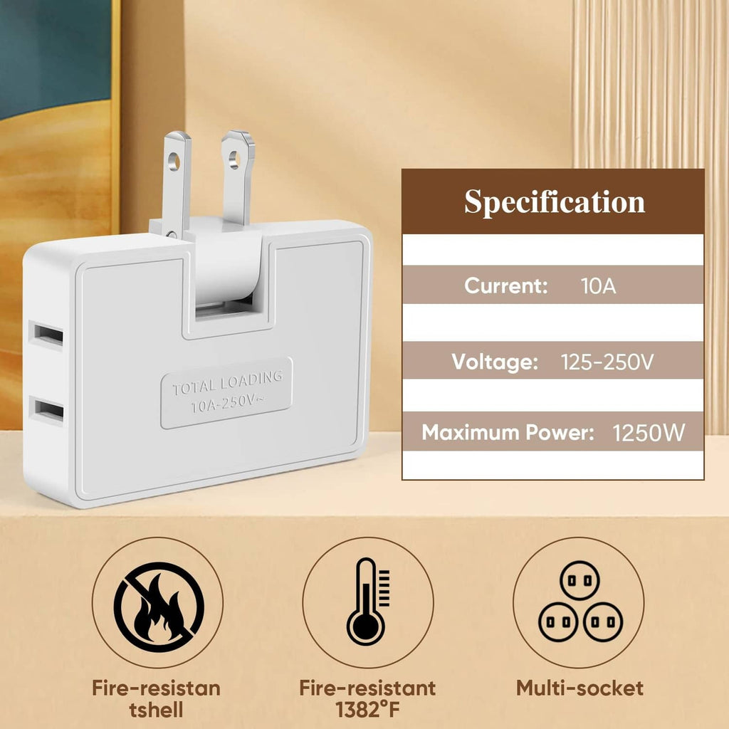 White 3-way flat wall outlet extender adapter with side-by-side outlets