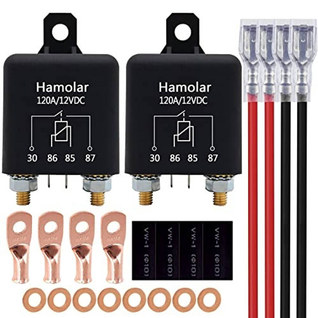 12V DC heavy duty starter relay switches with terminals, copper ring lugs, and wiring (2-pack)