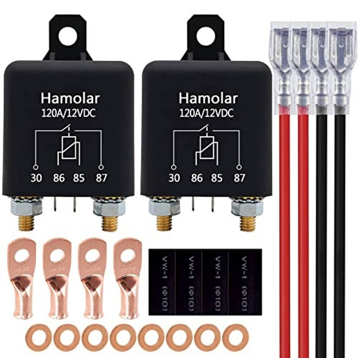12V DC heavy duty starter relay switches with terminals, copper ring lugs, and wiring (2-pack)