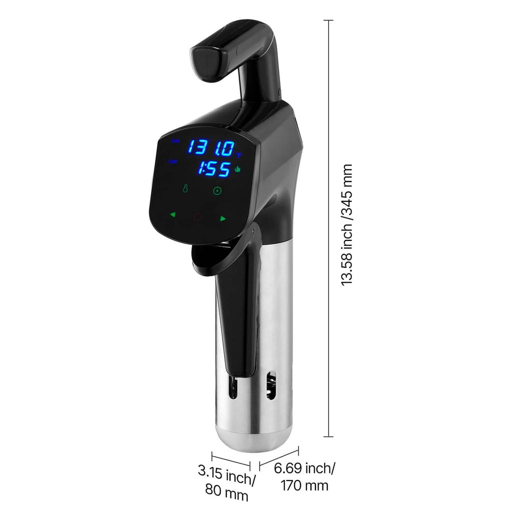 Compact sous vide precision cooker with LED display on black housing and stainless tube