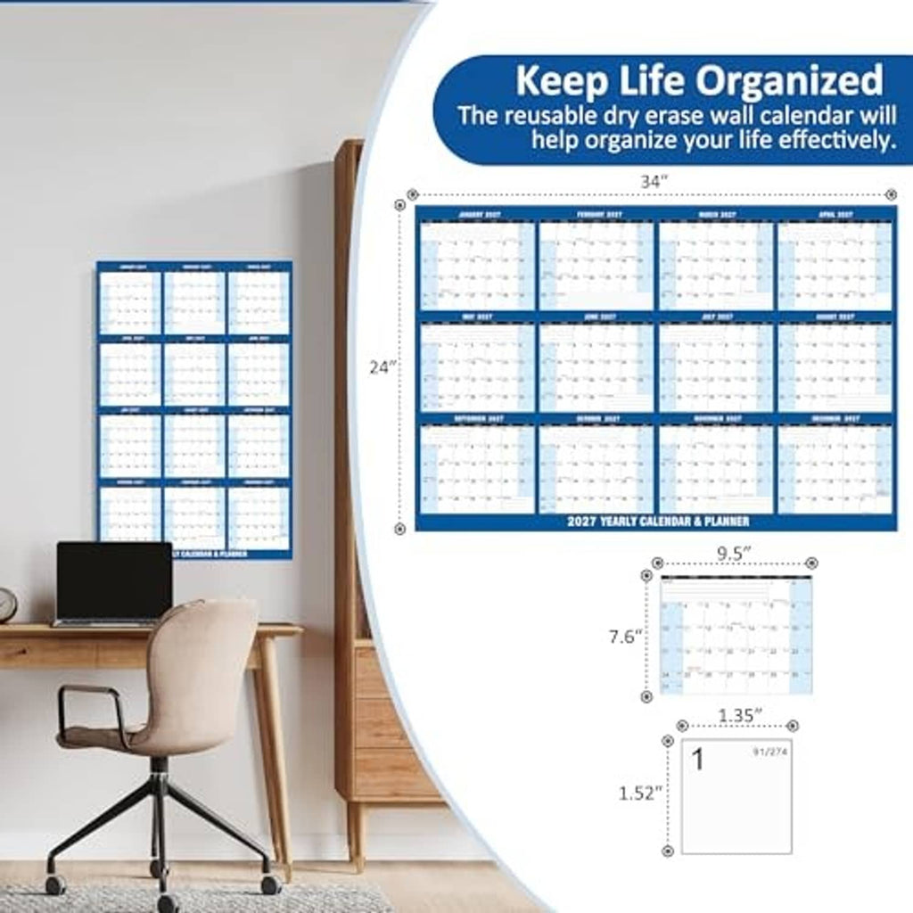 Large laminated 2027 wall calendar with hanging design and labeled size