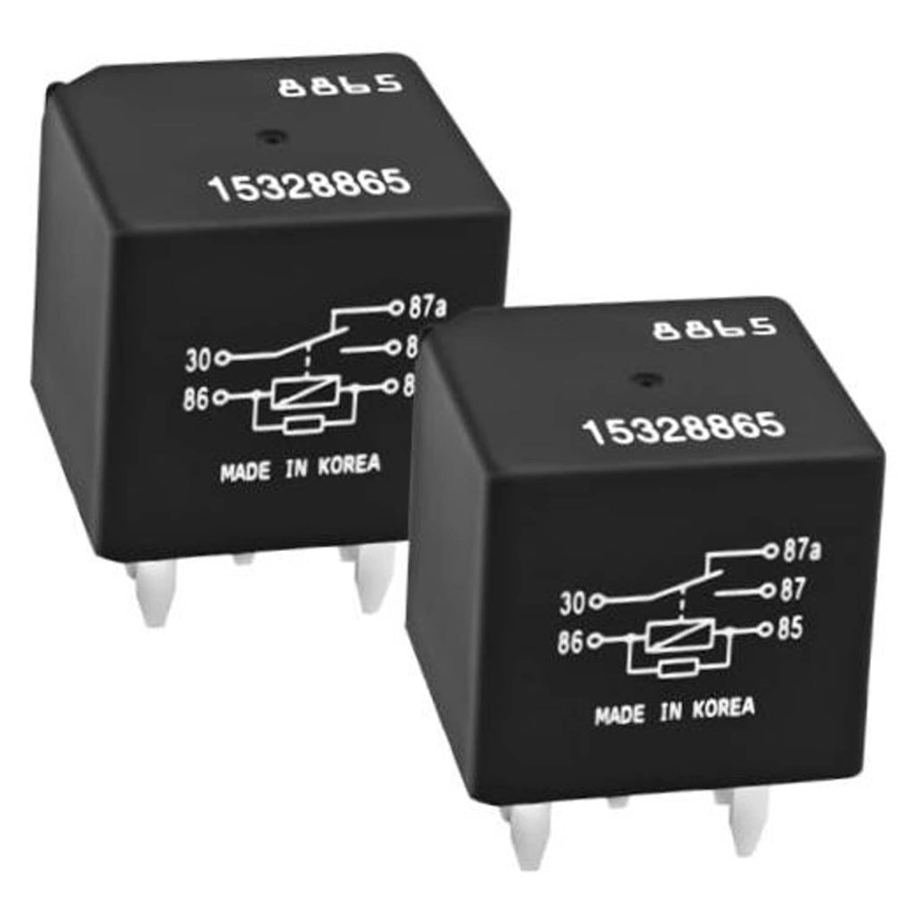 Black automotive SPDT relay cube with 15328865 marking and 5 metal pin terminals