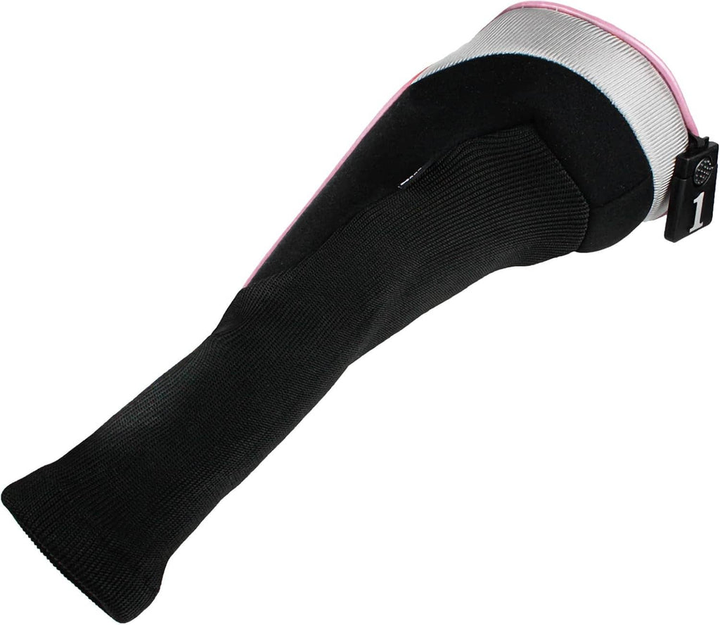 Pink and black golf club head cover with long knit neck and number 1 tag