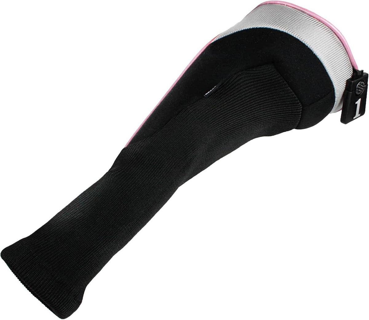 Pink and black golf club head cover with long knit neck and number 1 tag