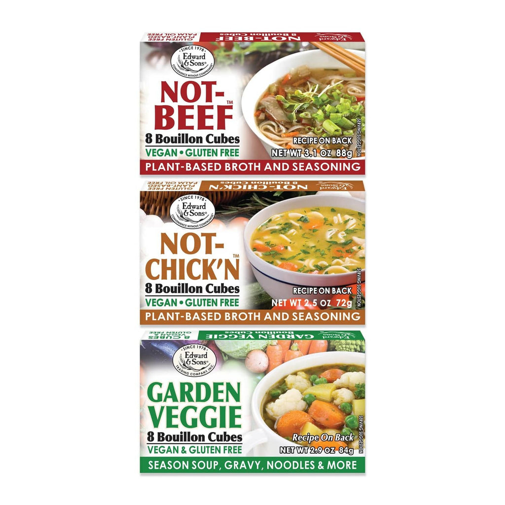 Plant-based bouillon cubes multipack with Not Beef, Not Chickn, Garden Veggie labels