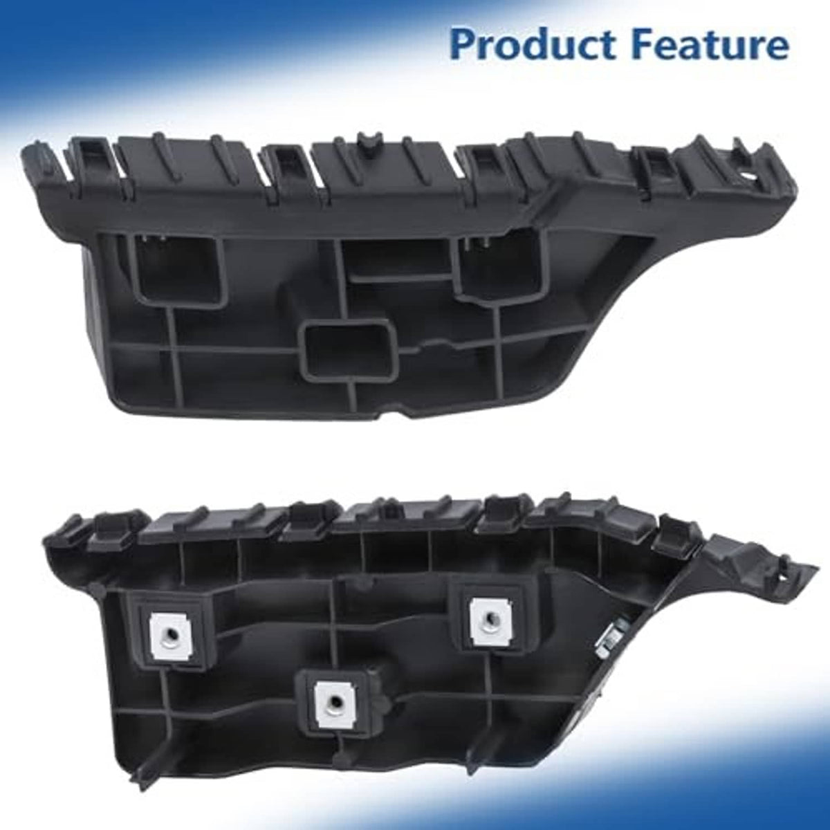 Black plastic front bumper bracket pair with textured edge and integrated mounting clips