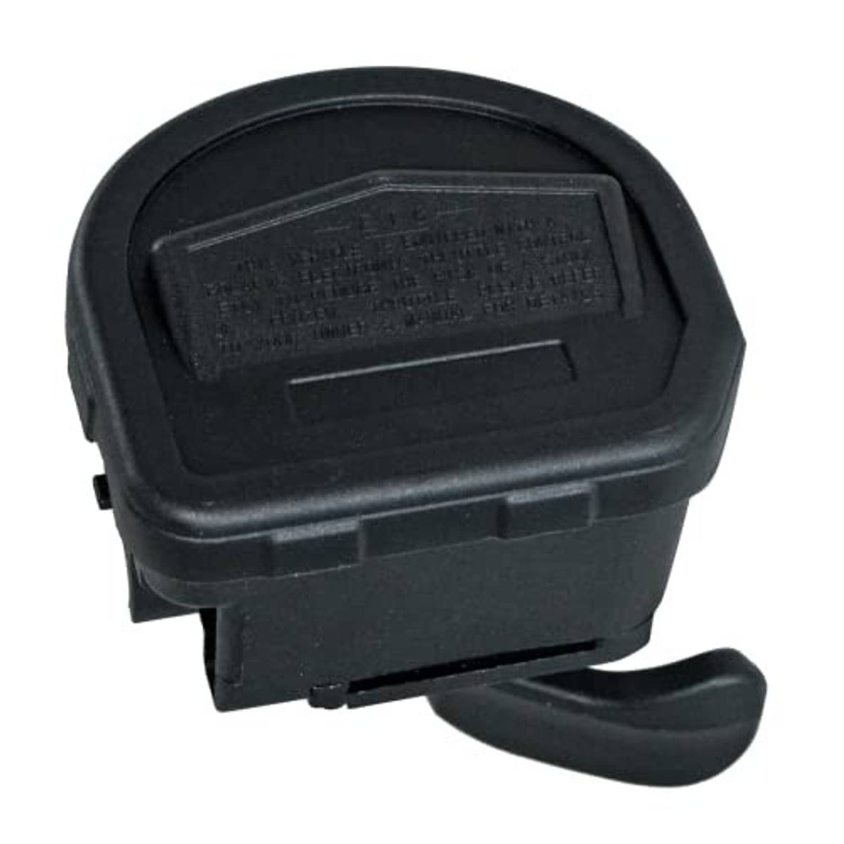 Thumb throttle control lever assembly, dark plastic housing with label window