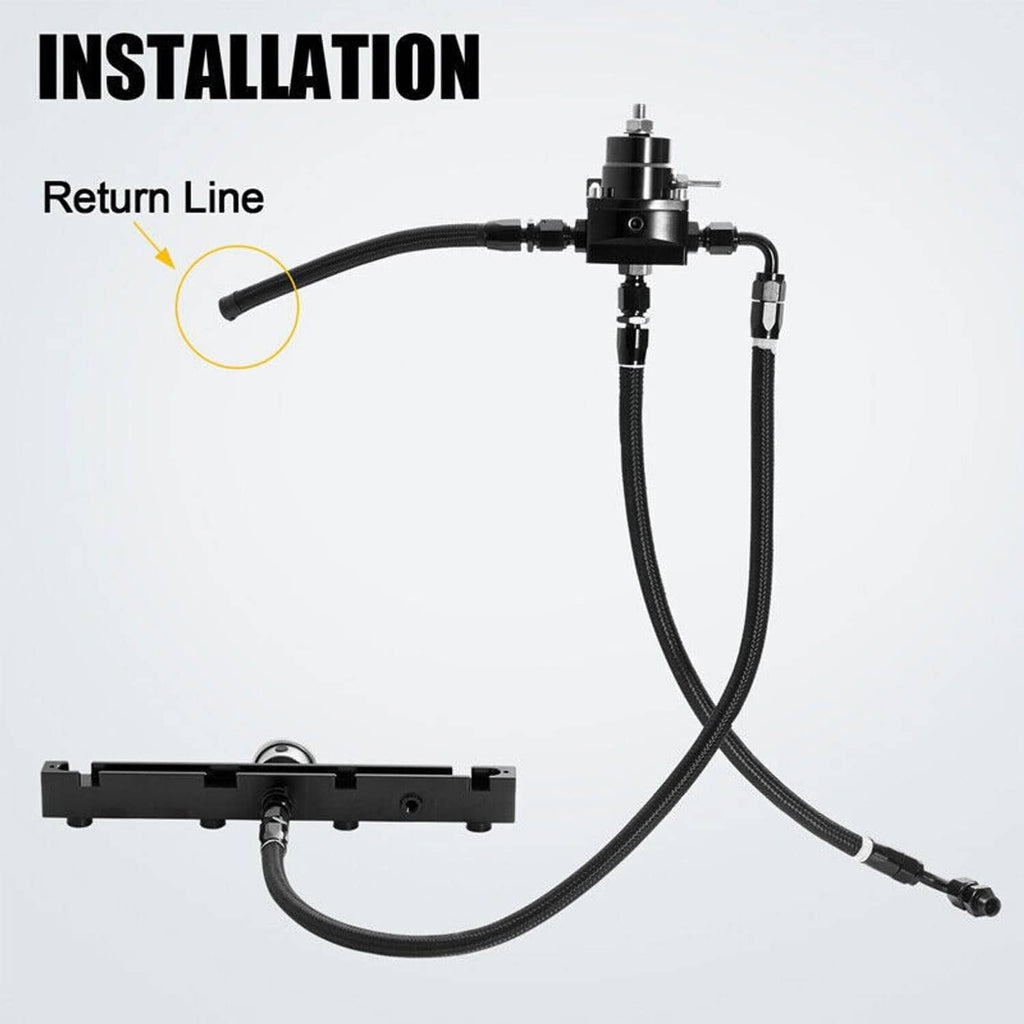 Fuel return line installation kit with black regulator and braided hose connections