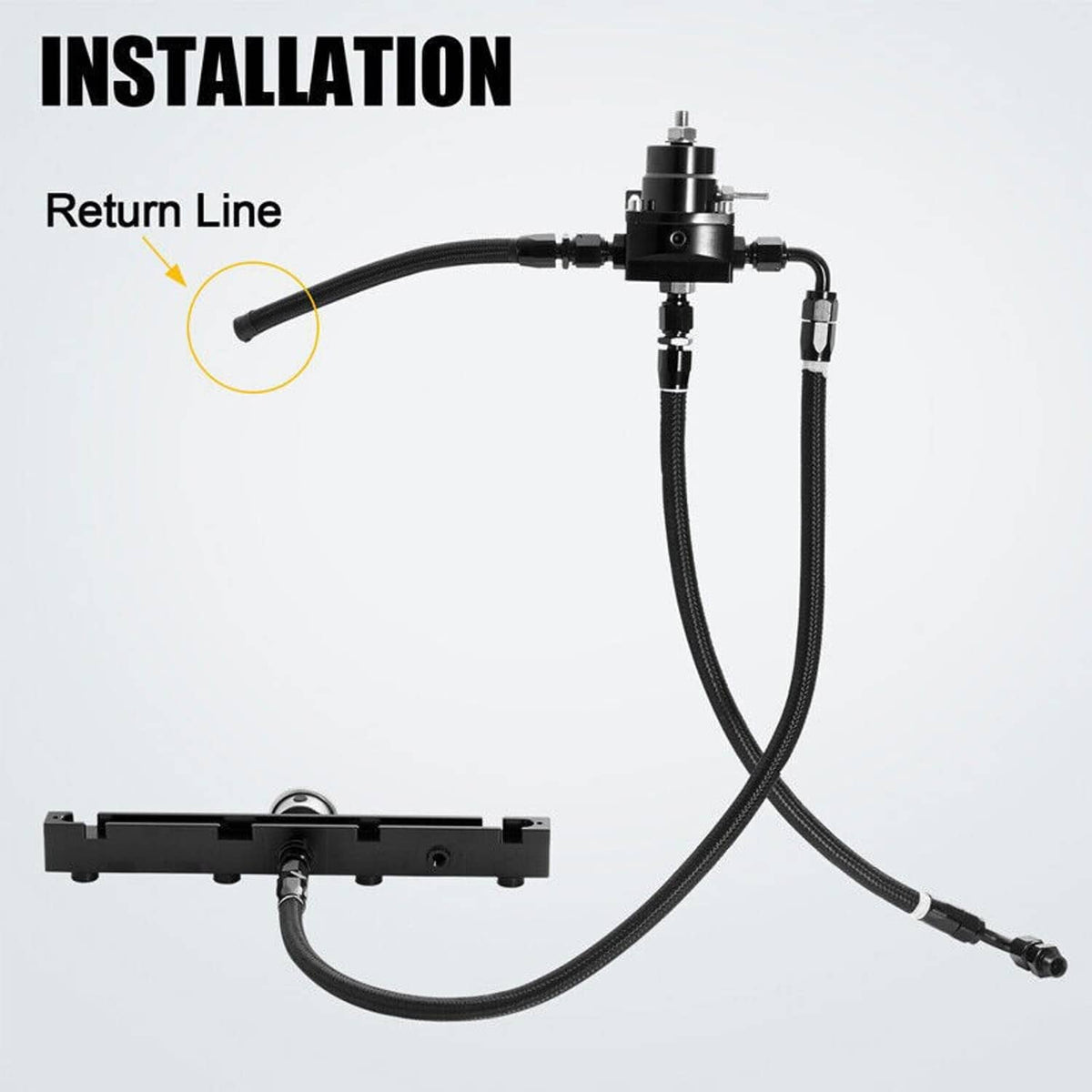 Fuel return line installation kit with black regulator and braided hose connections
