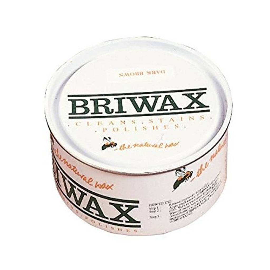 Dark brown furniture wax tin lid with BRIWAX cleaning and polishing branding, green rim