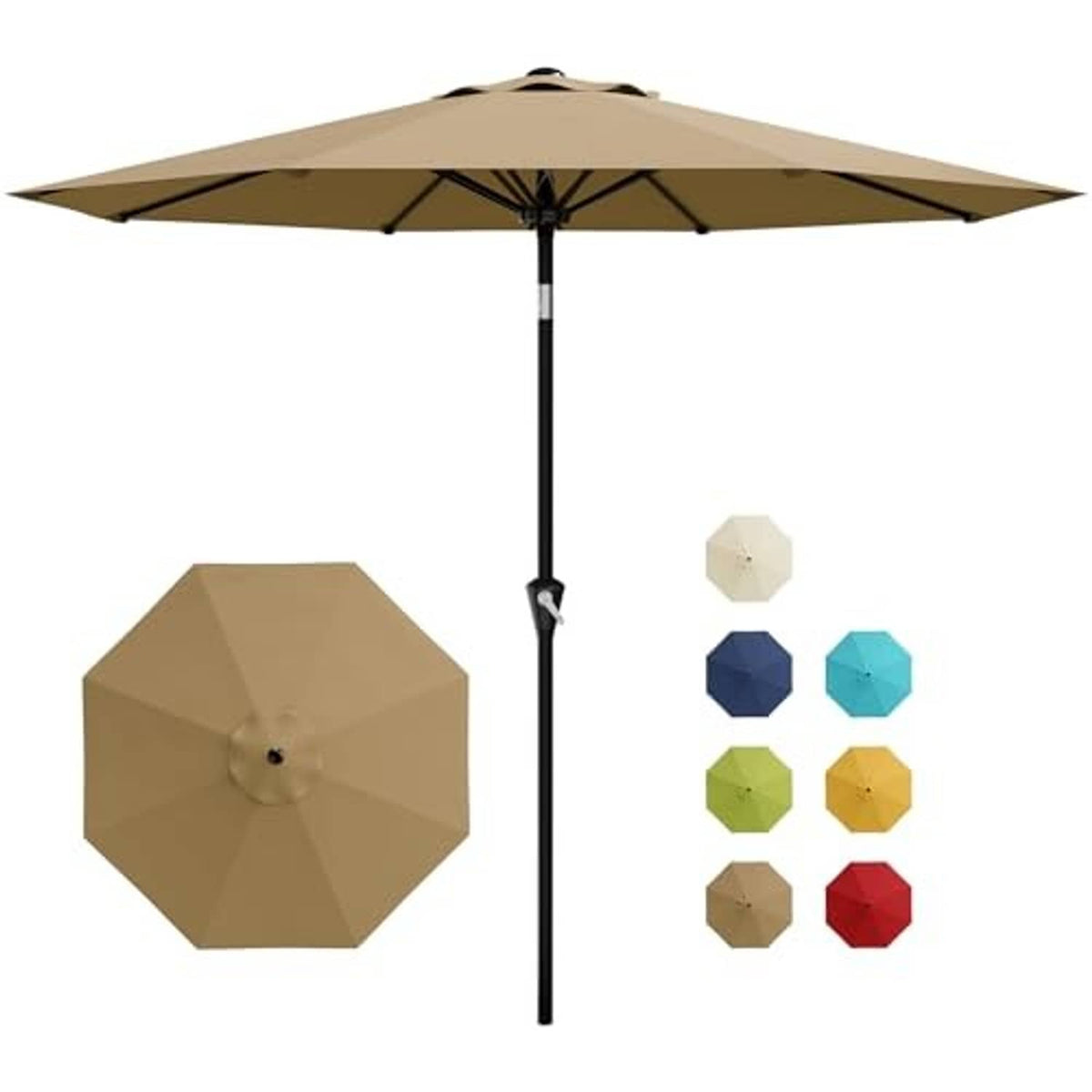 Tan patio umbrella open over table, octagonal canopy with black center pole