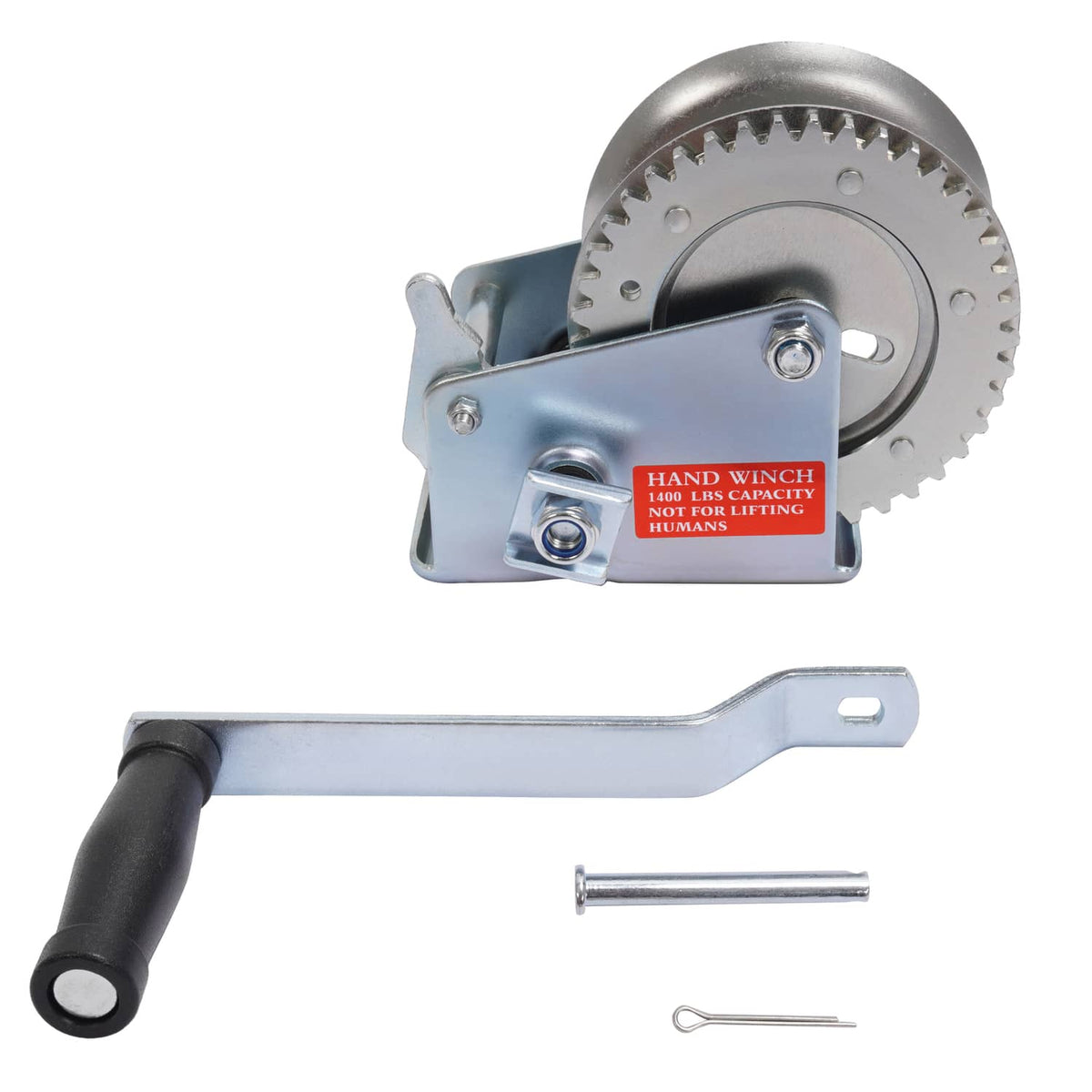 Hand winch unit with ratchet gear, crank handle, and included pin and cotter clip