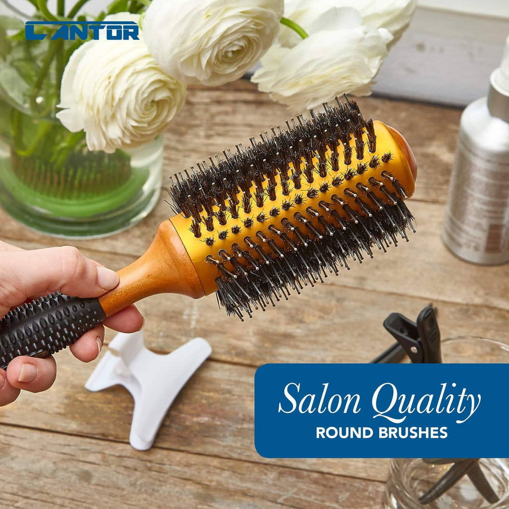Anti-static round hair brush with wooden handle, yellow barrel, and dense black bristles