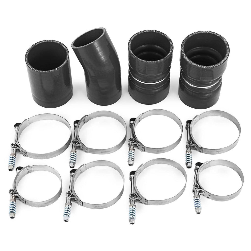 Black rubber intercooler boots and silver clamp rings with stitched edges