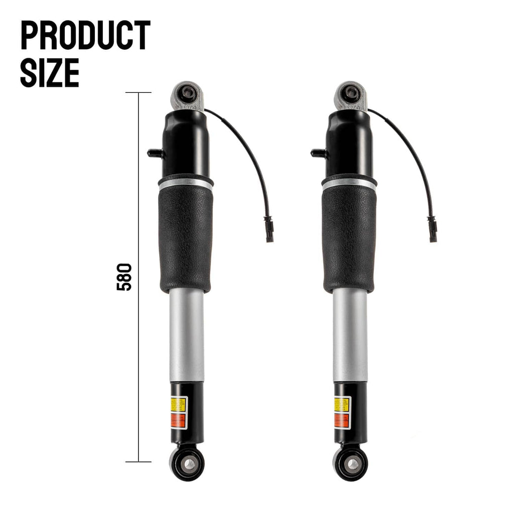 Two black-and-silver shock struts shown with height dimension lines
