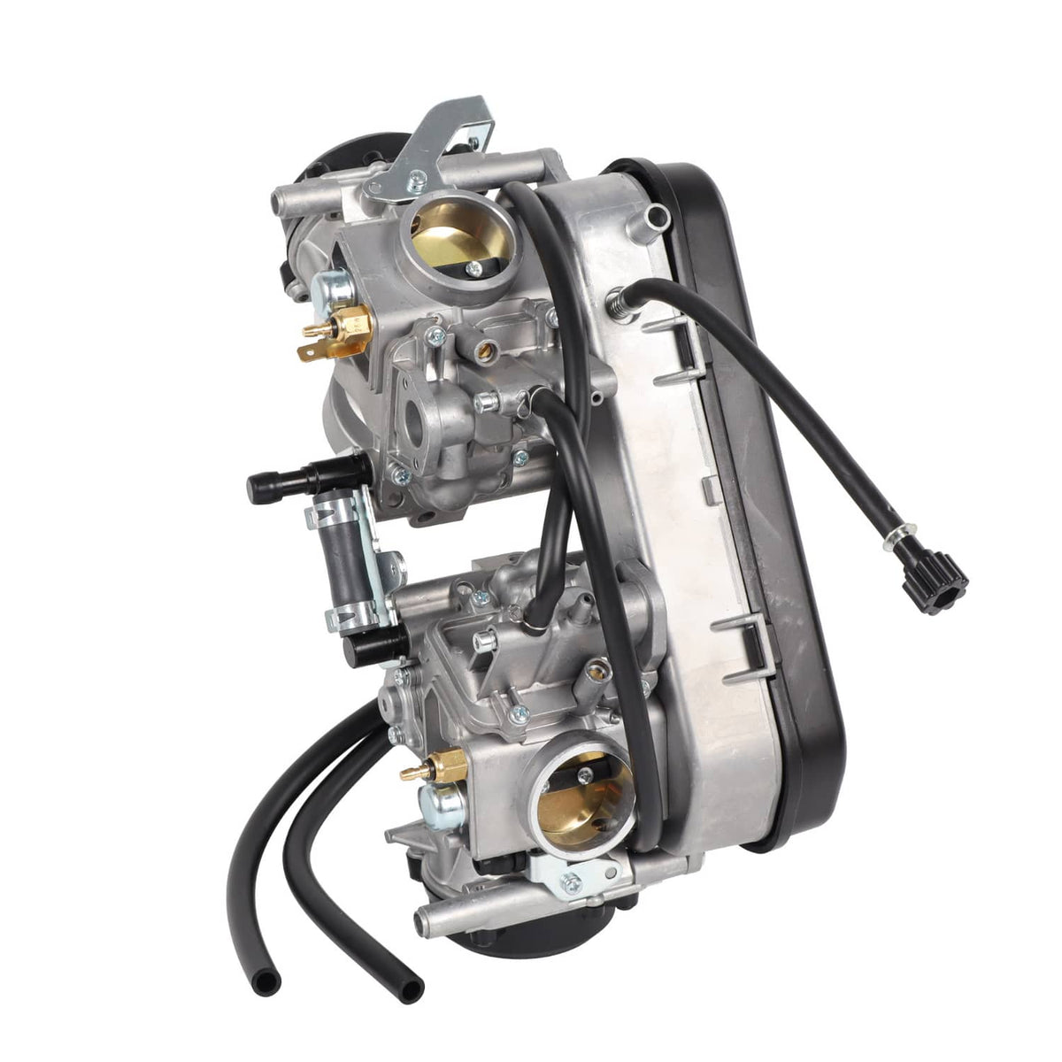 Carburetor assembly side view with brass ports, black hoses, and silver bracket