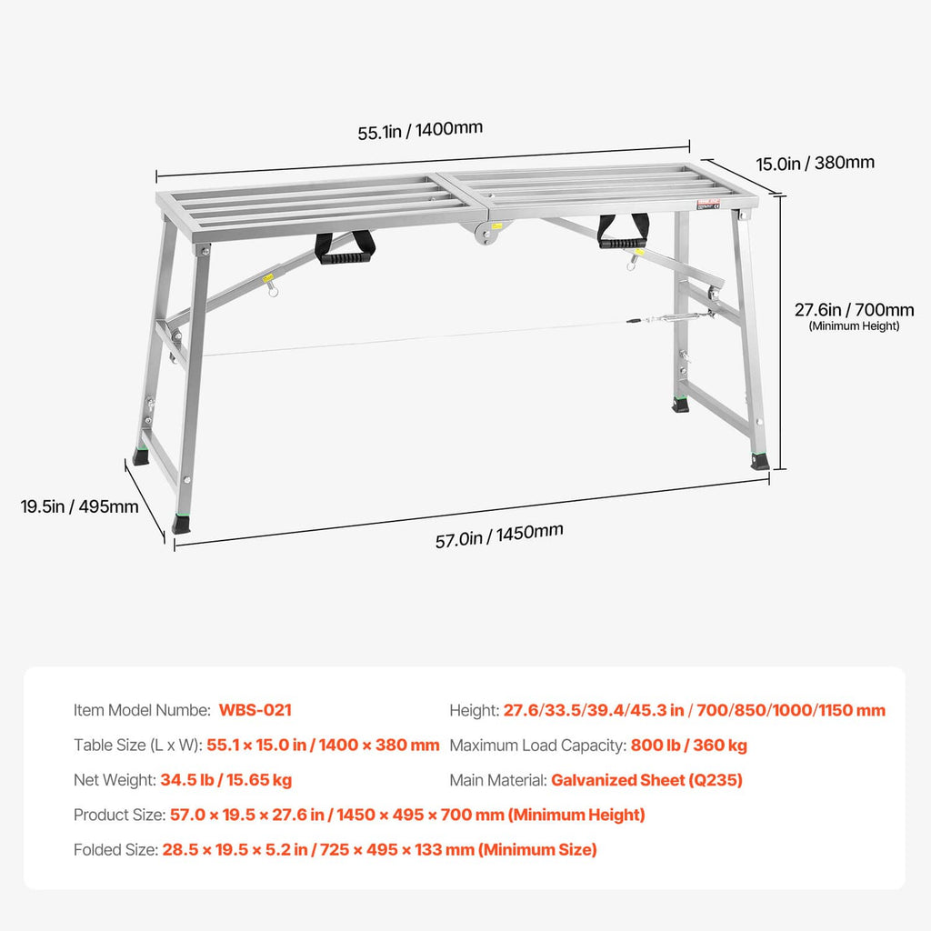 Adjustable portable scaffolding platform with four legs and slotted deck, shown with dimensions