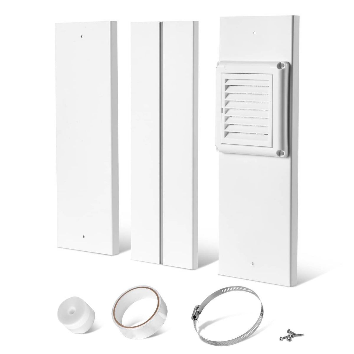 Dryer vent window kit with white louvered vent panel and mounting screws