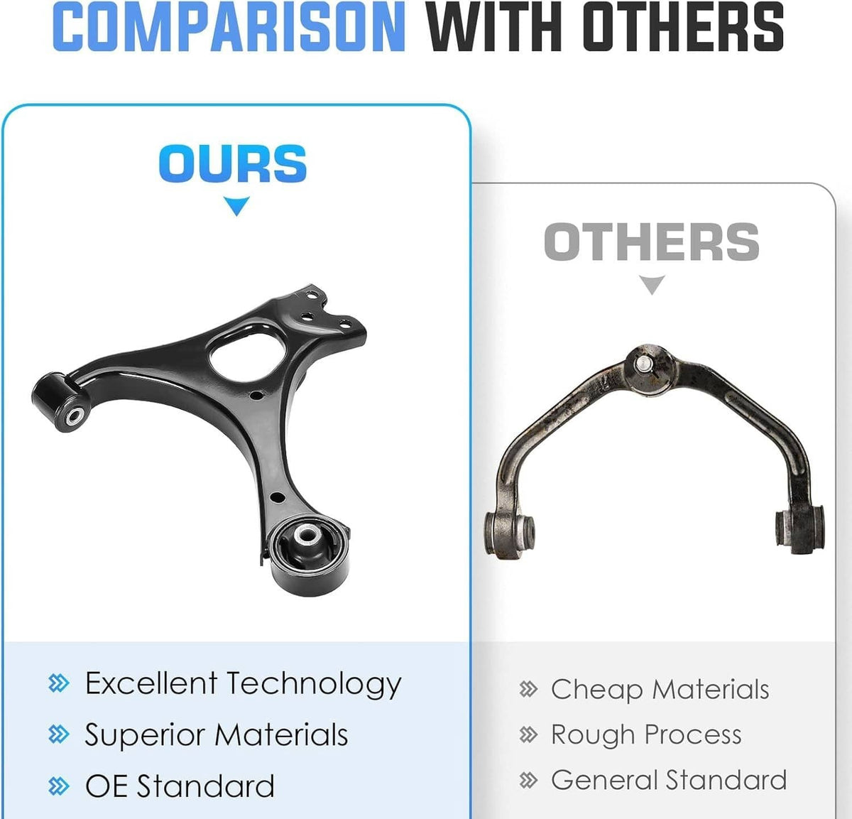 Black control arm with rubber bushing, shown on comparison panel