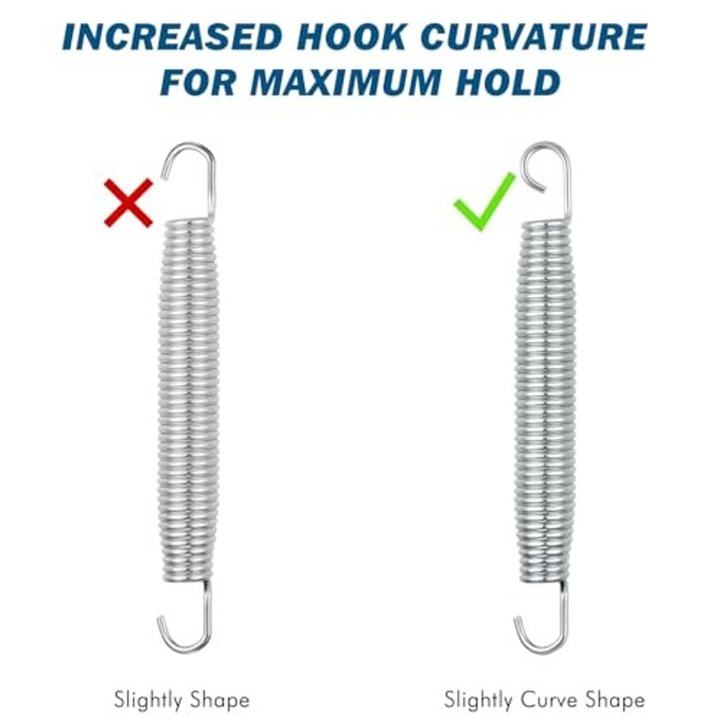 Trampoline spring hook curvature comparison, slightly curved end for maximum hold