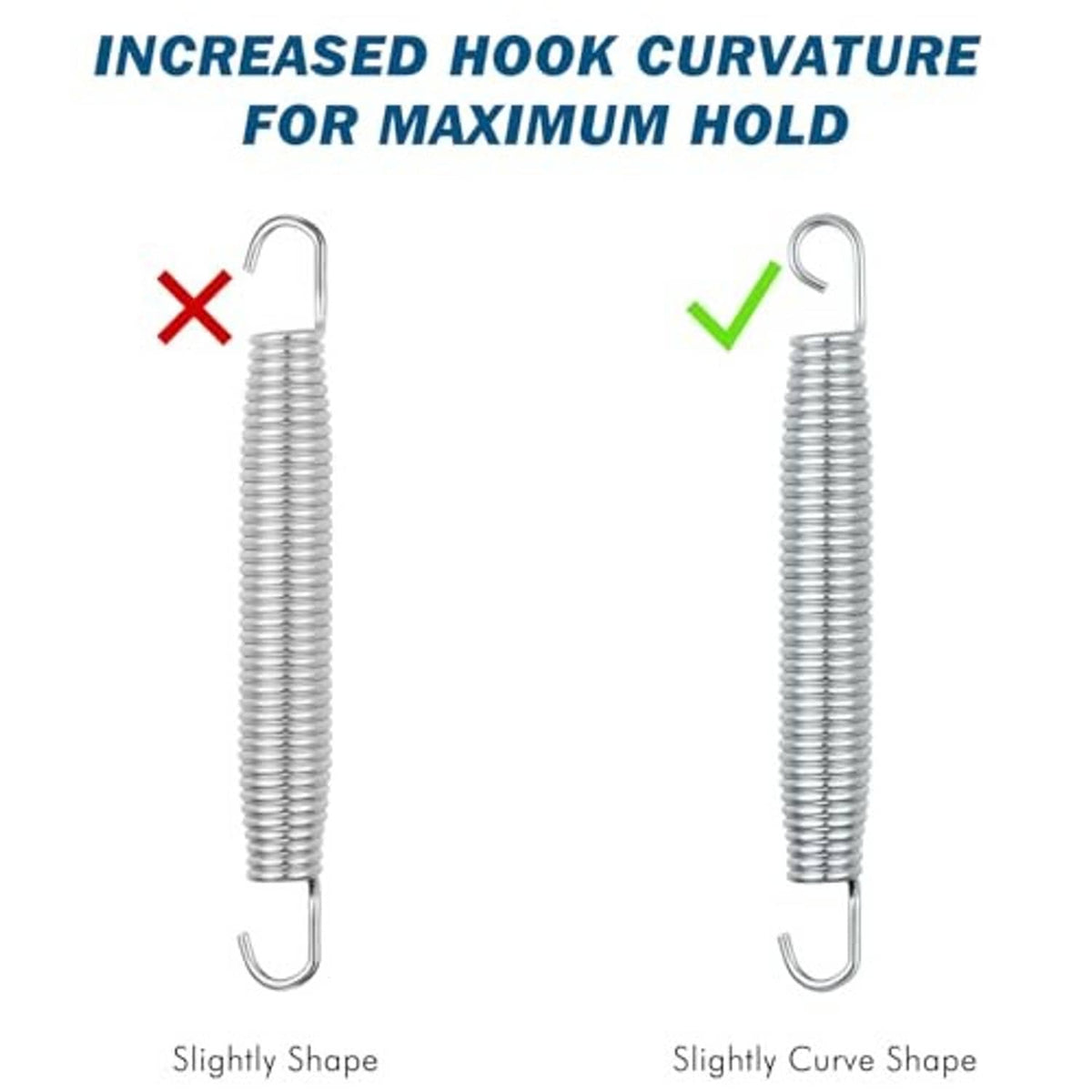 Trampoline spring hook curvature comparison, slightly curved end for maximum hold