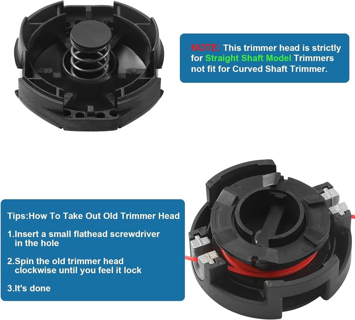 Black string trimmer head shown open with internal spring and red cutting line