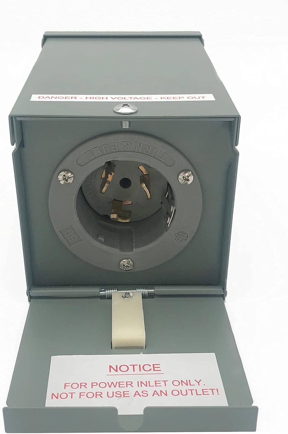 Rainproof power inlet box with circular socket and hinged cover, gray front view