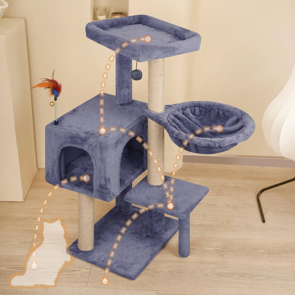 Blue-gray cat tree with plush condo, top perch, hanging hammock, and ball toy