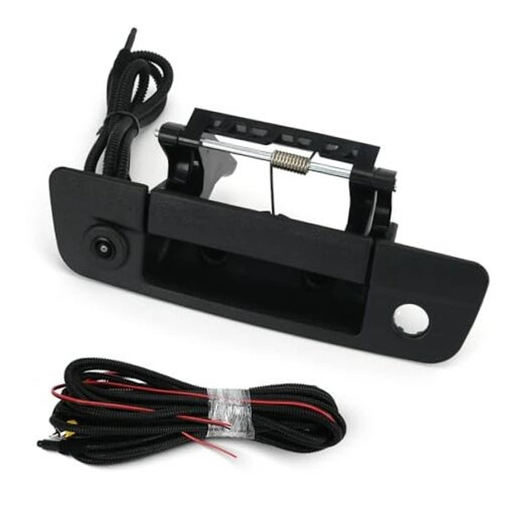 Black rear tailgate handle with built-in backup camera and wiring harness