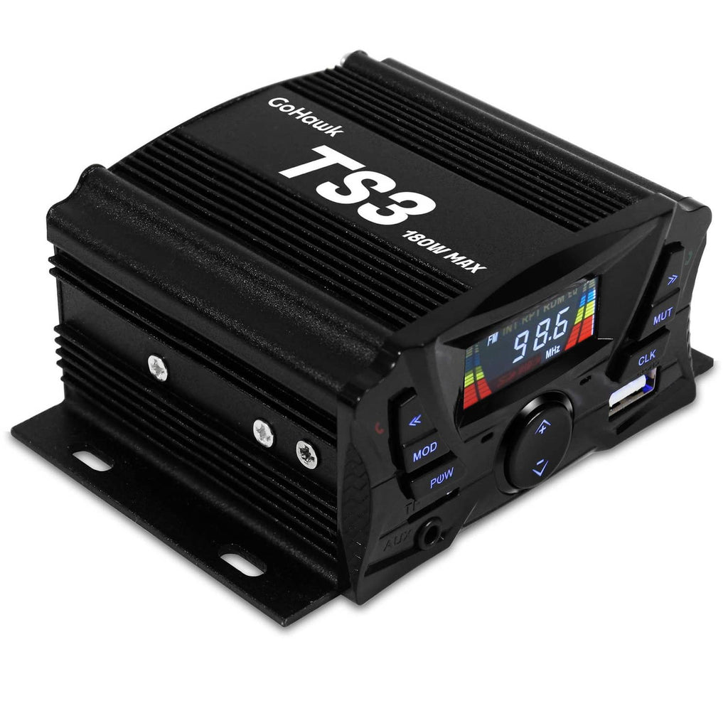 Black TS3 amplifier module with LCD screen, control buttons, and mounting plate