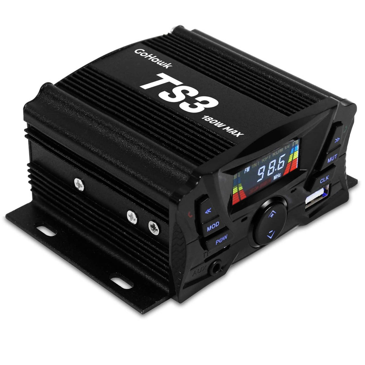 Black TS3 amplifier module with LCD screen, control buttons, and mounting plate