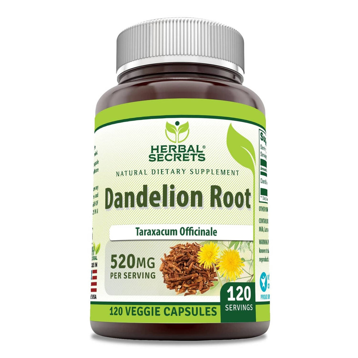 Dandelion root supplement bottle, green-and-white label, 520 mg, 120 veggie capsules