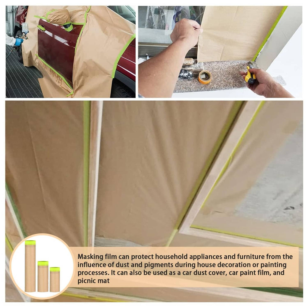 Brown paint masking film with green tape edges protecting furniture and appliances