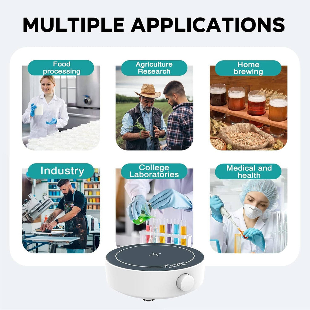 Magnetic stirrer with dark top and side knob, shown with application category icons