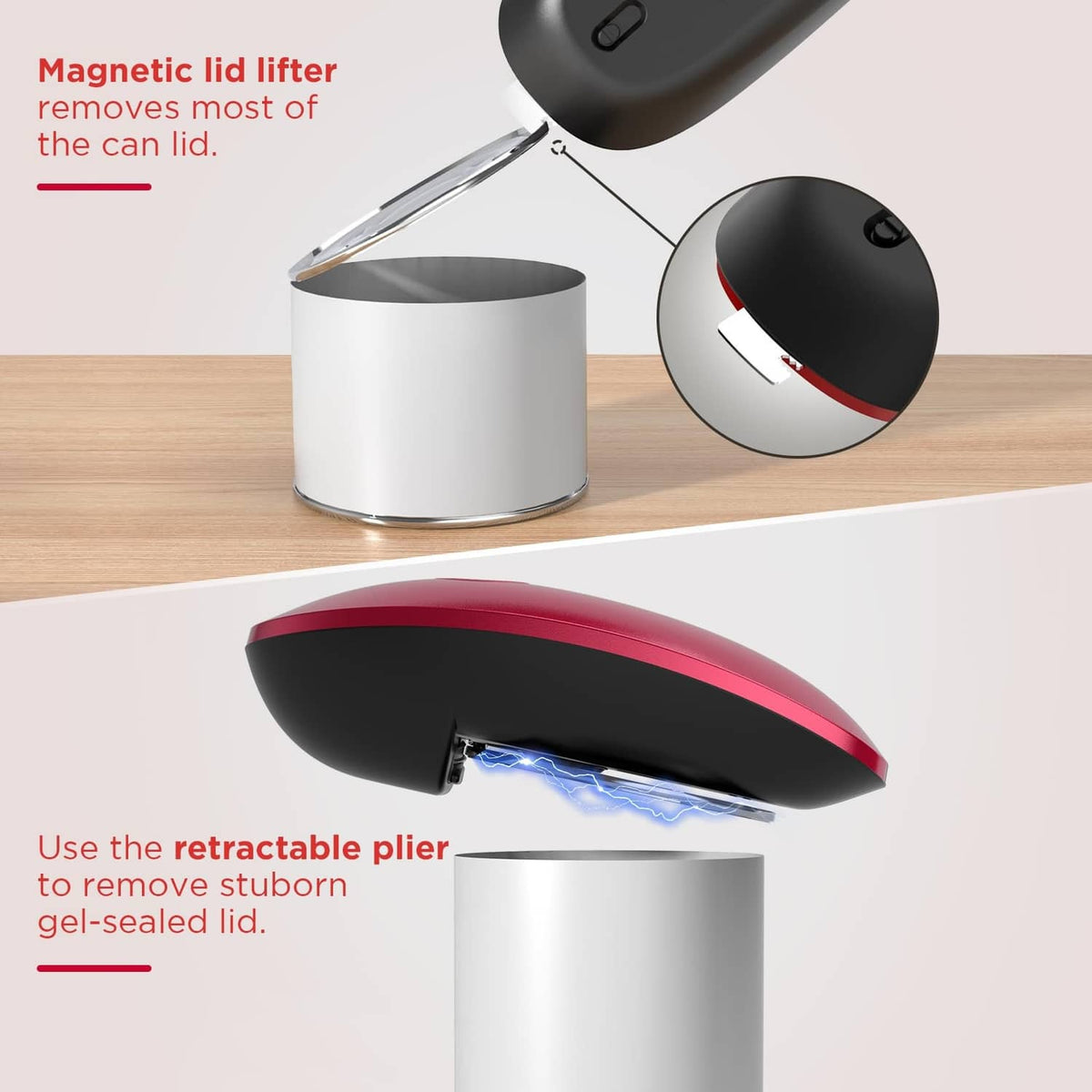 Electric can opener lifting a can lid with a magnet, shown over an opened can